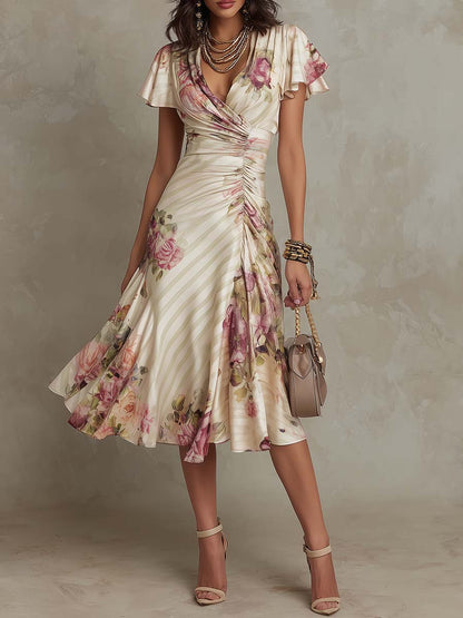 Alba | Robe midi cache-cœur froncée à imprimé floral élégant