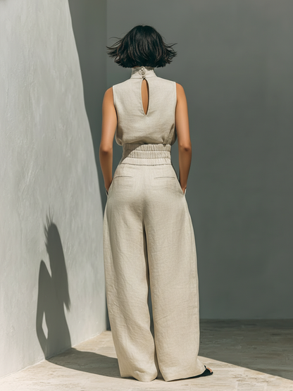 Aurora | Ensemble deux pièces beige en lin avec haut sans manches et pantalon large
