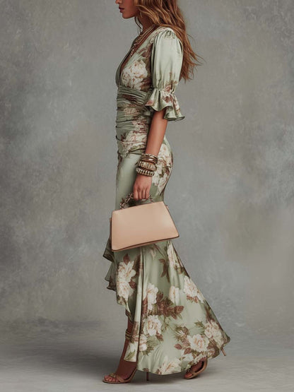 Clemence | Robe Longue en Satin Imprimé Fleuri